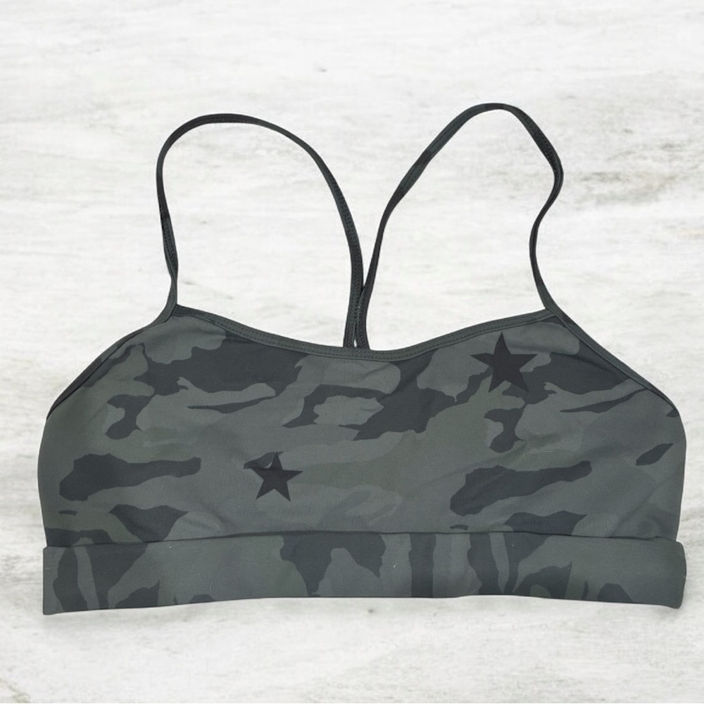 Monrow Green/Black Camo Star Print Sports Athleisure Workout Bra Small - Picture 3 of 6
